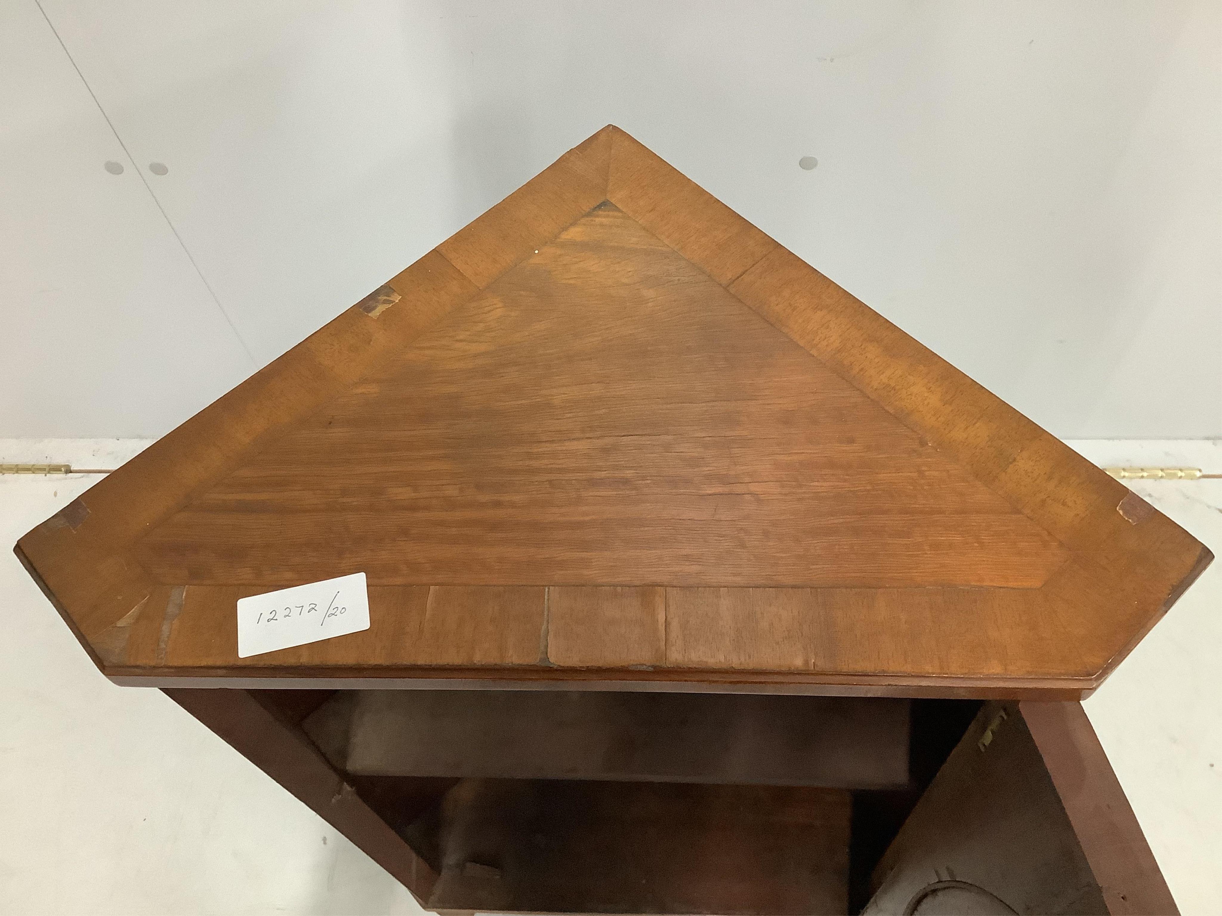 A small Edwardian satinwood corner cabinet, width 48cm, depth 29cm, height 77cm. Condition - poor to fair